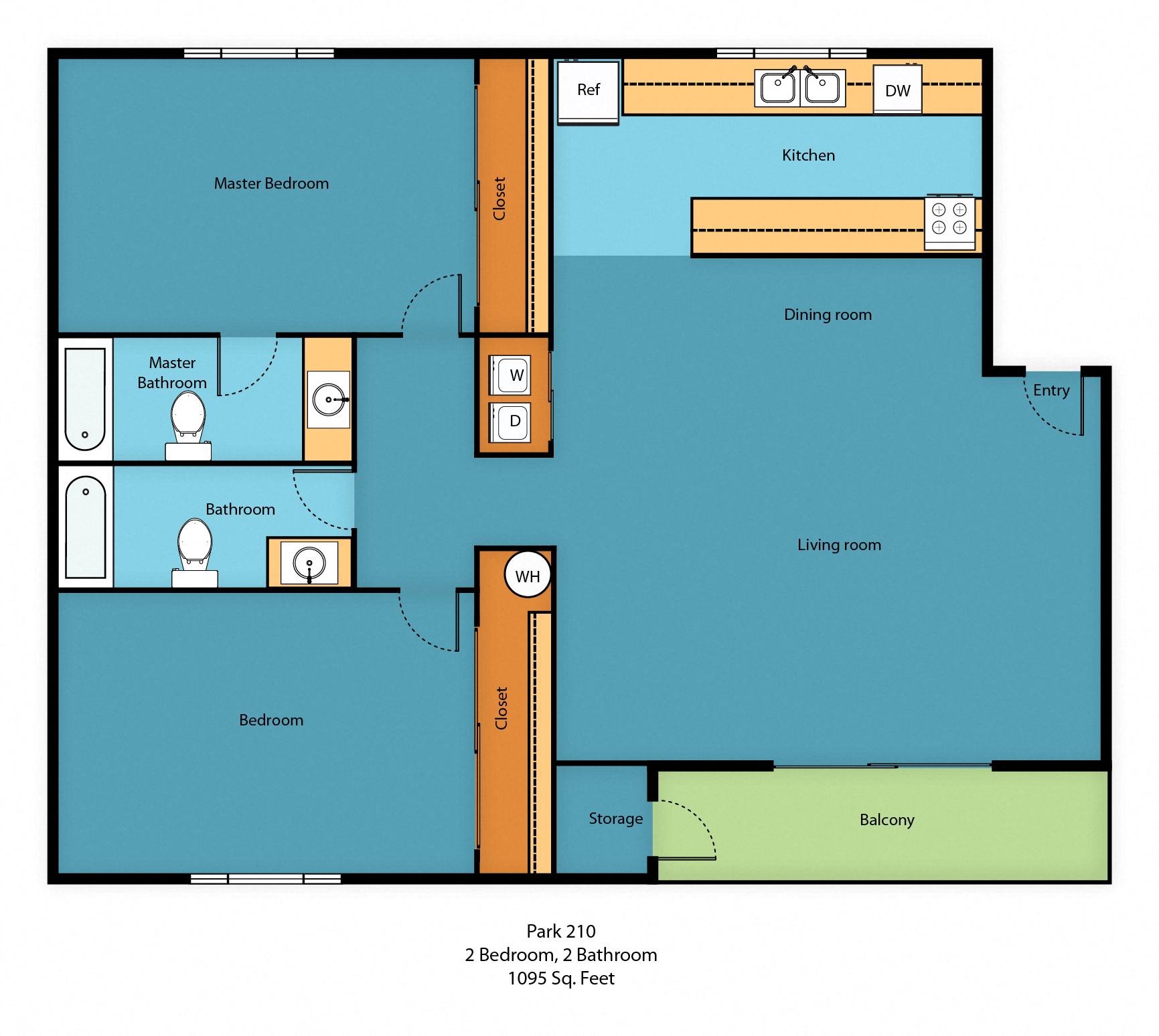 Floor plan for 2 beds, 2 baths, 1095 sqft